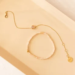 ICONIC BEADED STRETCH BRACELET - PEACH MOONSTONE & GOLD