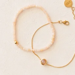 ICONIC BEADED STRETCH BRACELET - PEACH MOONSTONE & GOLD