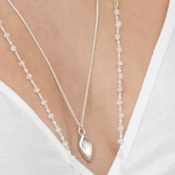 ICONIC LONG BEADED NECKLACE - RAINBOW MOONSTONE & SILVER 34