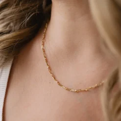 ICONIC PAPERCLIP BEADED NECKLACE - PEACH MOONSTONE & GOLD