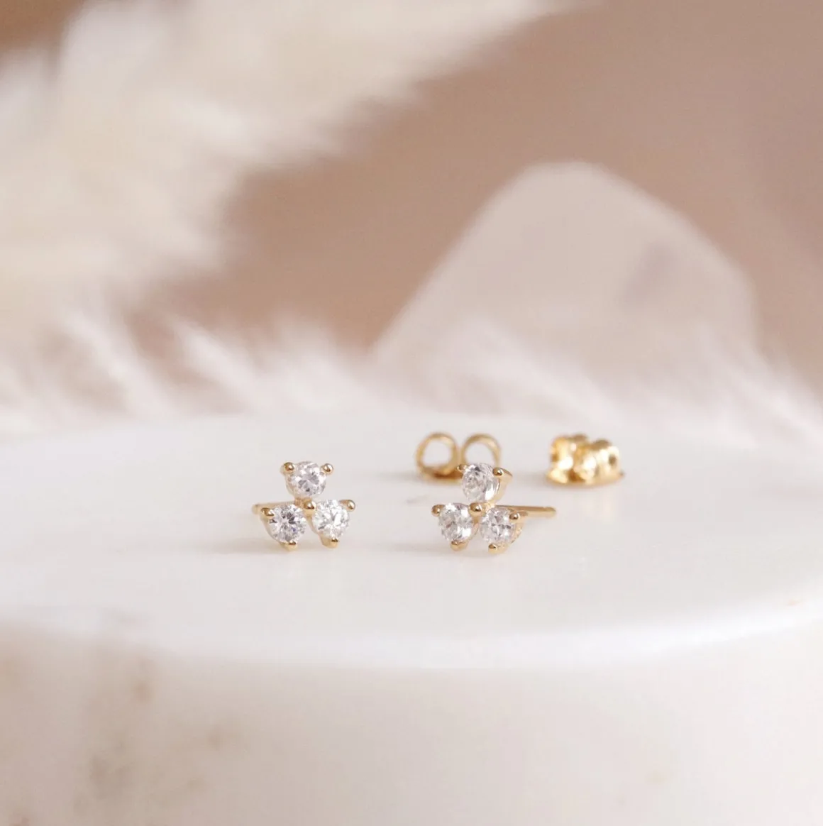 14K SOLID GOLD - TINY TRIO LOVE STUDS - DIAMOND