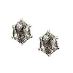 MINI HONOUR STUD EARRINGS - BLACK RUTILE QUARTZ & SILVER