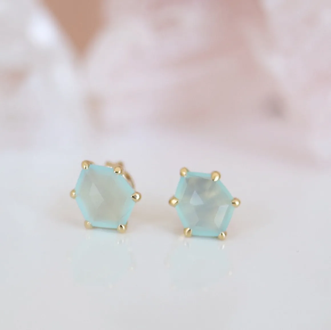 MINI HONOUR STUD EARRINGS - AQUA CHALCEDONY & GOLD