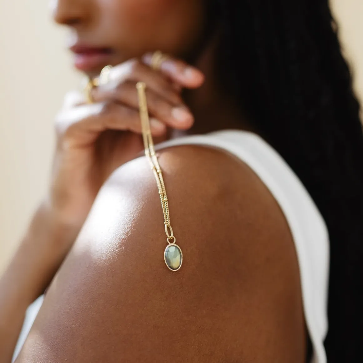 PROTECT OVAL CHARM - LABRADORITE & GOLD